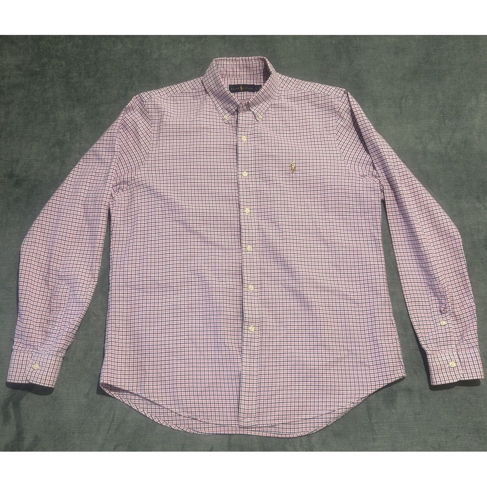 Ralph Lauren Men's Large Cotton L/S Button Down Shirt Navy Pink‎ White Plaid